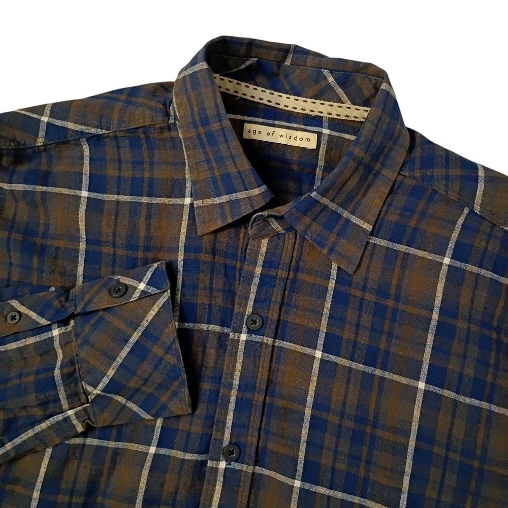 Age Of Wisdom Shirt Mens‎ Large Blue Brown Plaid Linen Blend Long Sleeve Casual